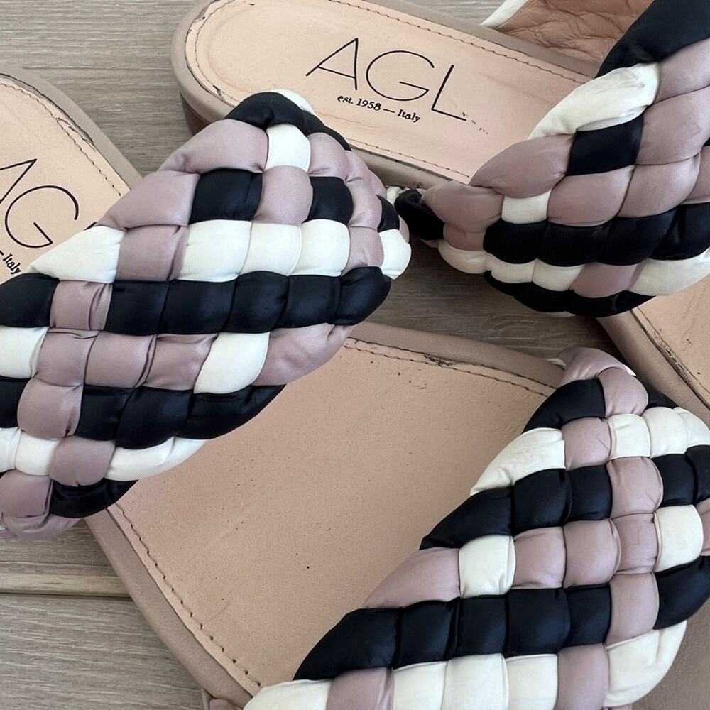 AGL woven sandals / pink white black braided strap slides / size 40 EU 9 US - Picture 6 of 7